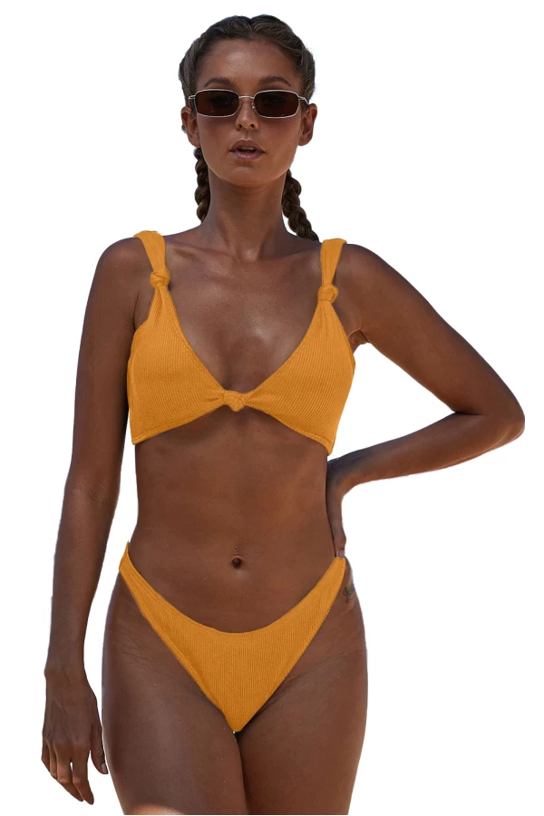 Knotted Golden Yellow Ribbed Bikini Top & Hipster Bottom