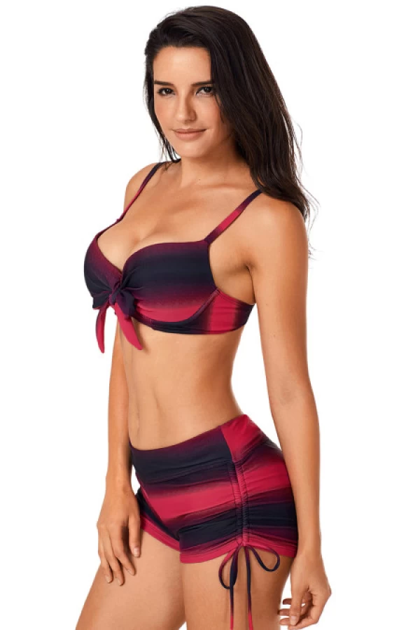 Red And Black Colour Blocked Push Up Bikini Top & Classic brief Bottom 