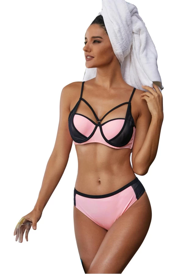 Millennial Pink Cut Out Design Bikini Top & Hipster Bottom 