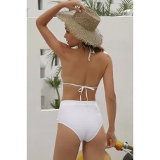 White Striped Pom Pom Triangle Halter Bikini Top & High Waist Bottom