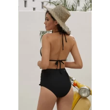Black Striped Pom Pom Triangle Halter Bikini Top & High Waist Bottom