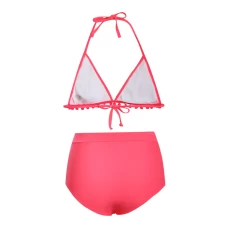 Bright Pink Striped Pom Pom Triangle Halter Bikini Top & High Waist Bottom