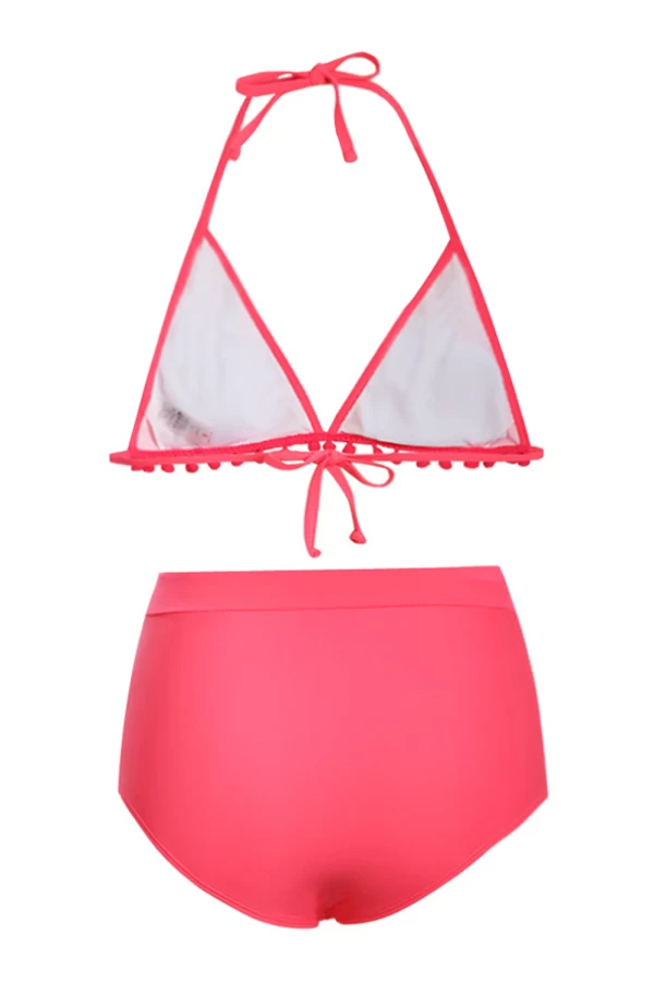 Bright Pink Striped Pom Pom Triangle Halter Bikini Top & High Waist Bottom