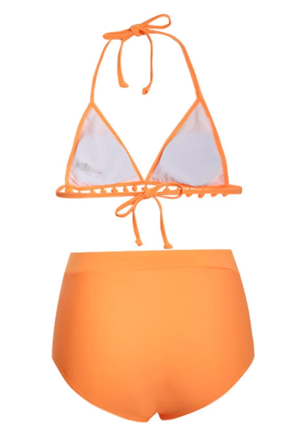 Road Sign Orange Striped Pom Pom Triangle Halter Bikini Top & High Waist Bottom