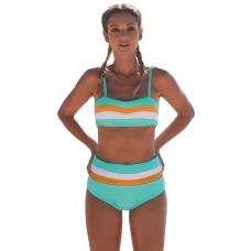 Aqua Color Blocked Bandeau Bikini Top & High Waist Bottom