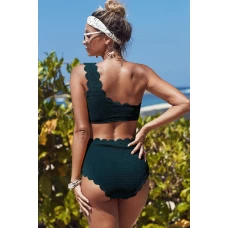 Womens 2pcs Green High Waist Scalloped Trim One Shoulder Bikini Set