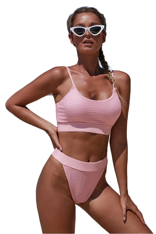 Cotton Candy Pink Textured Fine Line Short Tank Bikini Top & High Cut Cheeky Bottom 