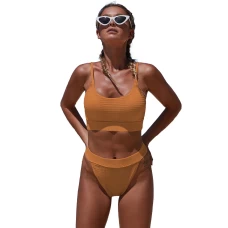 Mustard Yellow Textured Fine Line Short Tank Bikini Top & High Cut Cheeky Bottom 