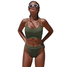Army Green Textured Fine Line Short Tank Bikini Top & High Cut Cheeky Bottom 