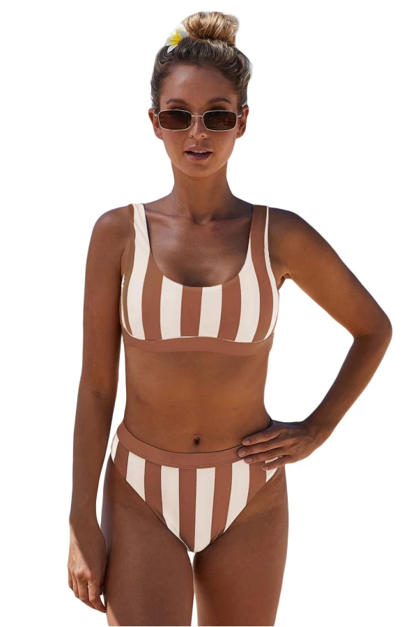 Warm Brown Striped Short Tank Bikini Top & Cheeky Bottom