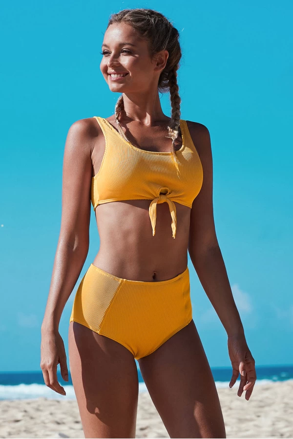 Golden Yellow Ribbed Bralette Bikini Top & Hipster Bottom