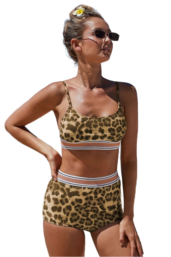 Leopard Fine Line Short Tank Bralette  Bikini Top & Full Coverage Bottom