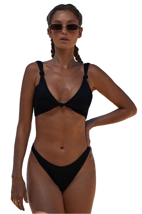 Knotted Black Ribbed Bikini Top & Hipster Bottom