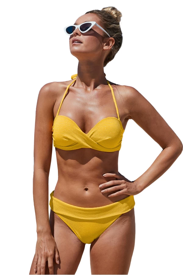 Road Sign Yellow Twisted Textured Halter Bikini Top & Hipster Bottom 