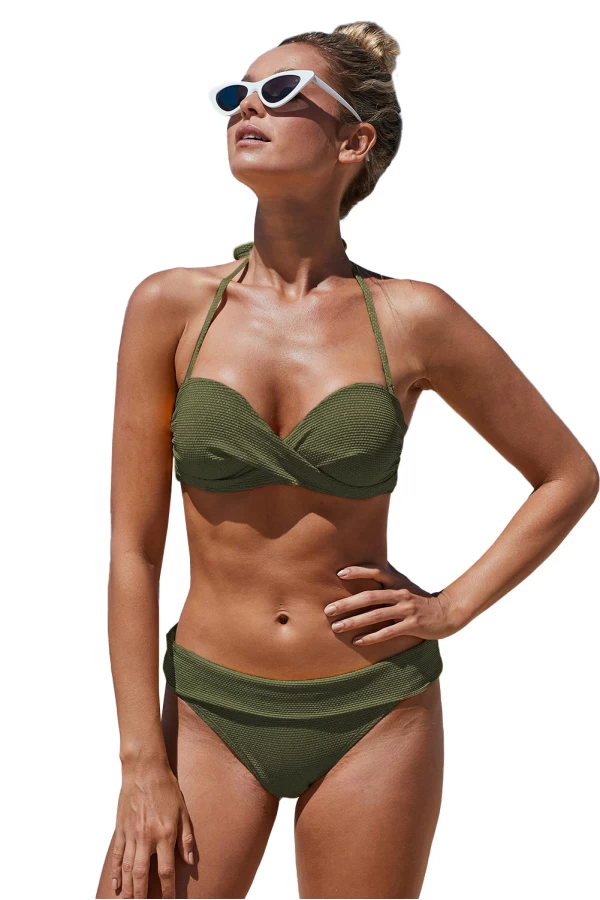 Army Green Twisted Textured Halter Bikini Top & Hipster Bottom 