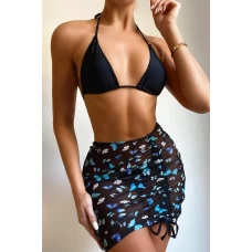 Black Triangle Bikini Top Halter Bikini Top & Tonga Bottom With Drawstring Print Skirt