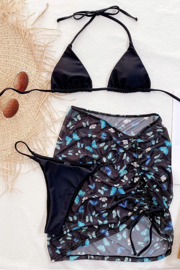 Black Triangle Bikini Top Halter Bikini Top & Tonga Bottom With Drawstring Print Skirt