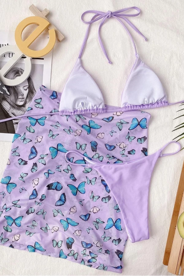 Lilac Triangle Bikini Top Halter Bikini Top & Thong Bottom With Drawstring Print Skirt