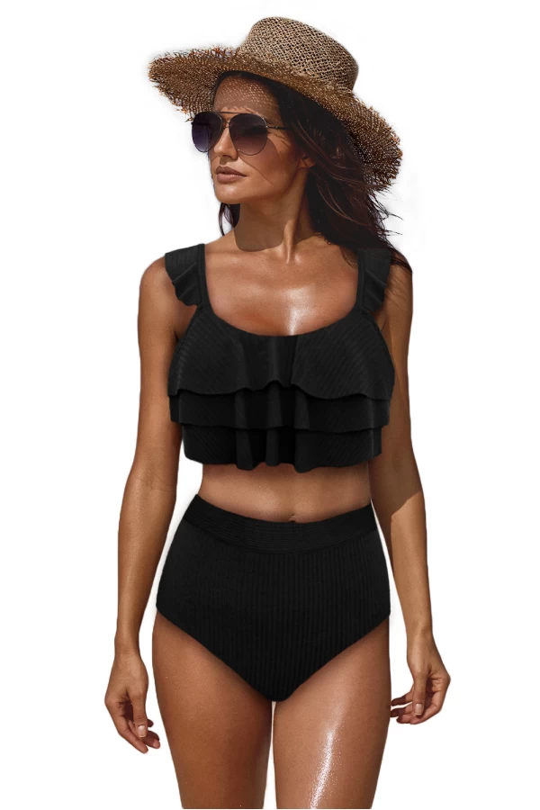 Black Fine Line Ruffled Short Tank Bikini Top & High Waist Hipster Bottom