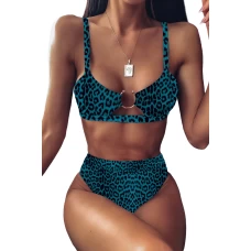 Petrol Leopard Print Cut Out Ring Front Bralette Bikini Top & High Waist Bottom 