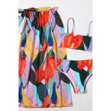 Orange Colorblock Print Bralette Bikini Top & Cheeky Bottom With Cover Up