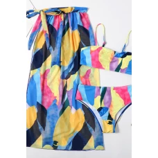 Yellow Colorblock Print Bralette Bikini Top & Cheeky Bottom With Cover Up