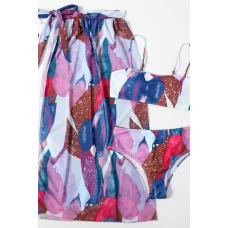Purple Colorblock Print Bralette Bikini Top & Cheeky Bottom With Cover Up
