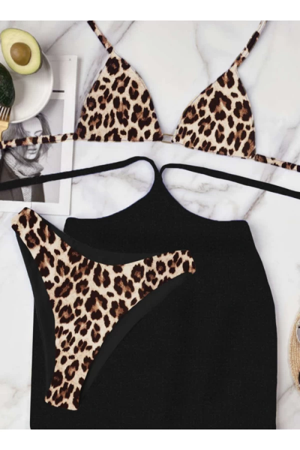 Leopard Black Triangle Bikini Top & Cheeky Bottom With Cover Up