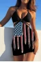 American Flag Print Black Triangle Bikini Top & Cheeky Bottom With Cover Up