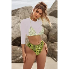 Green Printed Triangle Bikini Top & Cheeky Bottom With Crop Top