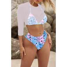 Blue Printed Triangle Bikini Top & Cheeky Bottom With Crop Top