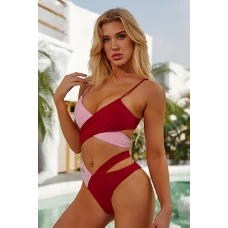 Crimson Color Blocked Design Cross Bikini Top & High Cut High Waist Bottom 