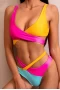 Knockout Pink Color Blocked Design Cross Bikini Top & High Cut High Waist Bottom