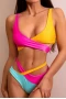 Knockout Pink Color Blocked Design Cross Bikini Top & High Cut High Waist Bottom