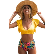 Bright Yellow Ruffled Bralette Bikini Top & High Waist Bottom