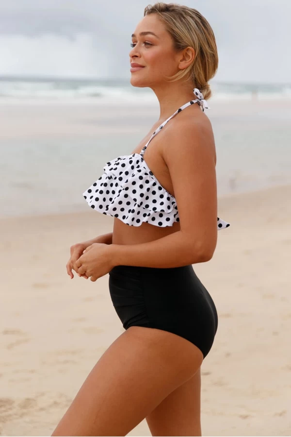 Womens 2Pcs Black Polka Dot Retro Flounce High Waist Swimsuit Set White