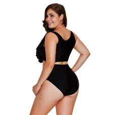 Womens 2Pcs Black Frill Tankini Crisscross High Waist Swimsuit Set
