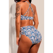 Womens 2Pcs Cutout Boho Print Strappy Back High Waist Bikini Swimsuit