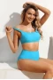 Womens 2pcs Solid Blue Sport U-neck Bikini Top and High Waist Bottom Swimsuit