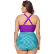 Womens 2pcs Purple and Blue Scalloped Detail High Waist Swimsuit Set