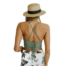 Womens 2Pcs Green Criss Cross High Neck Crop High Waist Bikini Set