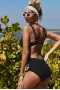 Womens 2pcs V-neck Black Pom Pom Decor High Waist Bikini