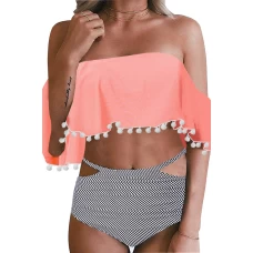 Womens 2Pcs Orange Retro Flounce Tassel Off Shoulder High Waisted Bikini Set