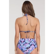 Womens 2Pcs Sky Blue Stripe Tassel Trim V Neck Backless High Waist Bikini Set