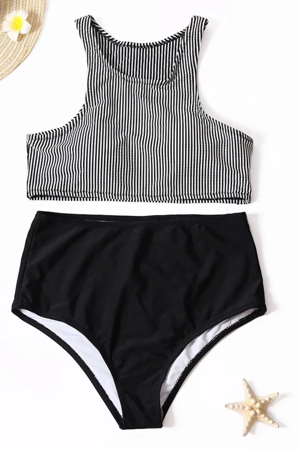 Womens 2Pcs Crochet Striped Solid Color Vest Swimsuit Set