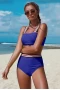 Womens 2Pcs Blue Bandeau High Waisted Bikini with Striped Trim