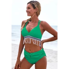 Womens 2Pcs Green Strappy Tassel Bowknot Back V Neck High Waist Bikini