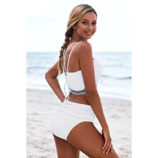 Womens 2Pcs White Lace Up Detail Strappy Back High Waist Bikini Set