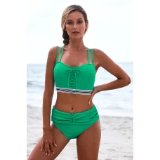 Womens 2Pcs Green Lace Up Detail Strappy Back High Waist Bikini Set