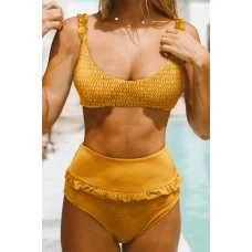 Womens 2Pcs Yellow Smocked Low Neckline High Waist Bikini Set